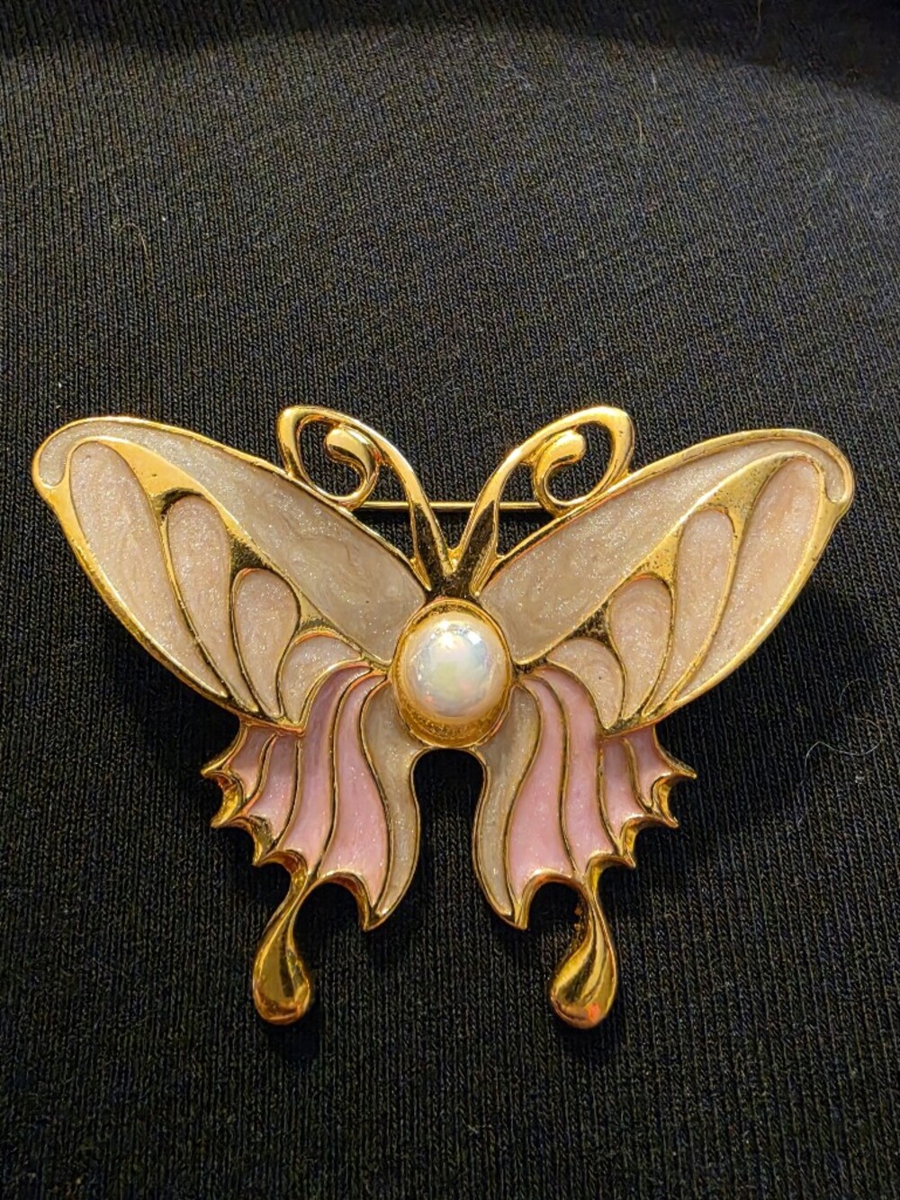 Gold-Tone Pink Butterfly Brooch with Opalescent Center